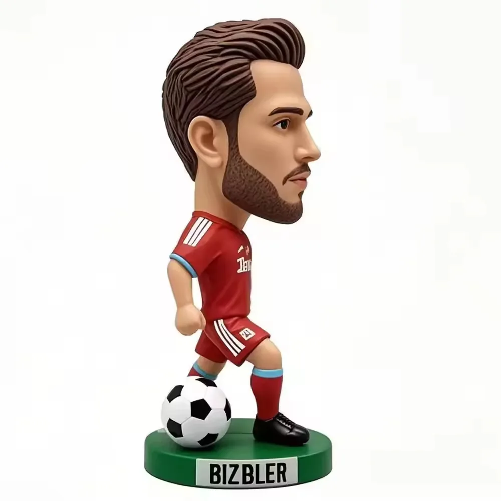 Closer display view of a 3D football star resin figurine showing hand-painted tabletop prize styling