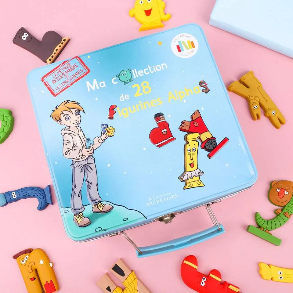 Animal alphabet PVC letter toy set shown in a blue carry tin with colorful character letters around the case