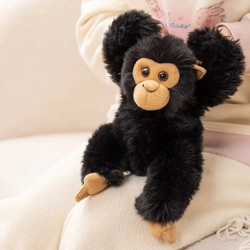 Peluche de chimpancé negro sentado con un modelo para referencia de escala y merchandising de regalo de zoológico
