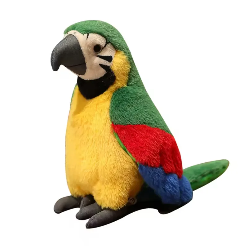 Loro de peluche verde y amarillo sobre fondo blanco mostrando el pico, las patas sentadas y el angulo de la cola