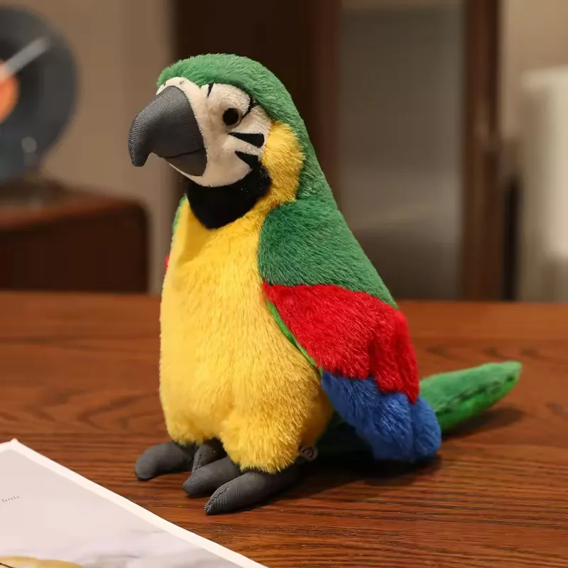 Loro de peluche verde y amarillo con paneles rojos en las alas, presentado como peluche decorativo compacto