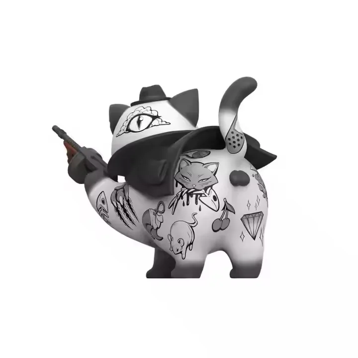 Vista de detalle de una figura animal de vinilo personalizada con embalaje decorativo y acabado pensado para exhibición coleccionable