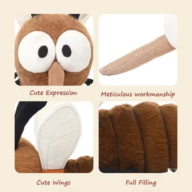 Collage de detalle del peluche mosquito personalizado mostrando ojos, trompa, costura de alas y relleno completo