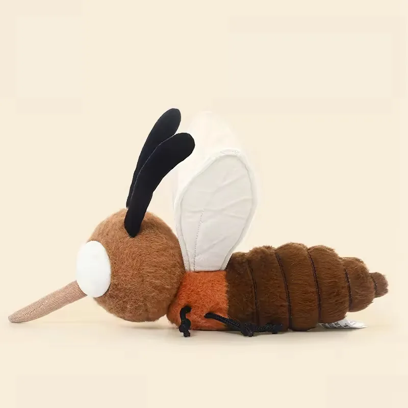 Perfil lateral del peluche mosquito personalizado con torax naranja, abdomen rayado y ala blanca