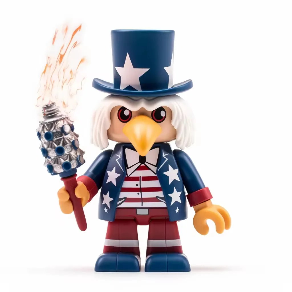 Figura de PVC de águila caricaturesca de estilo más geométrico con sombrero azul alto con estrellas y accesorio de antorcha en llamas