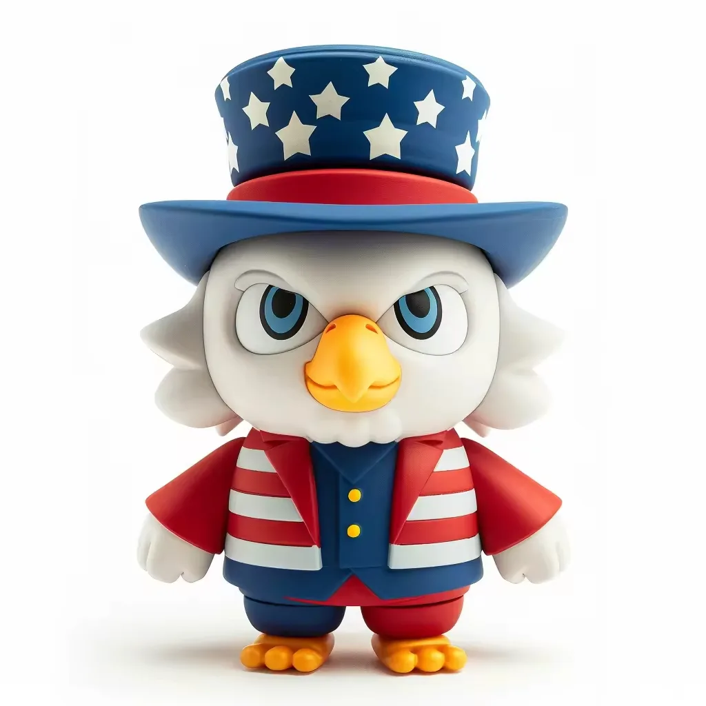 Figura de vinilo de diseño de águila patriótica con proporciones redondeadas, sombrero azul con estrellas y chaqueta roja a rayas