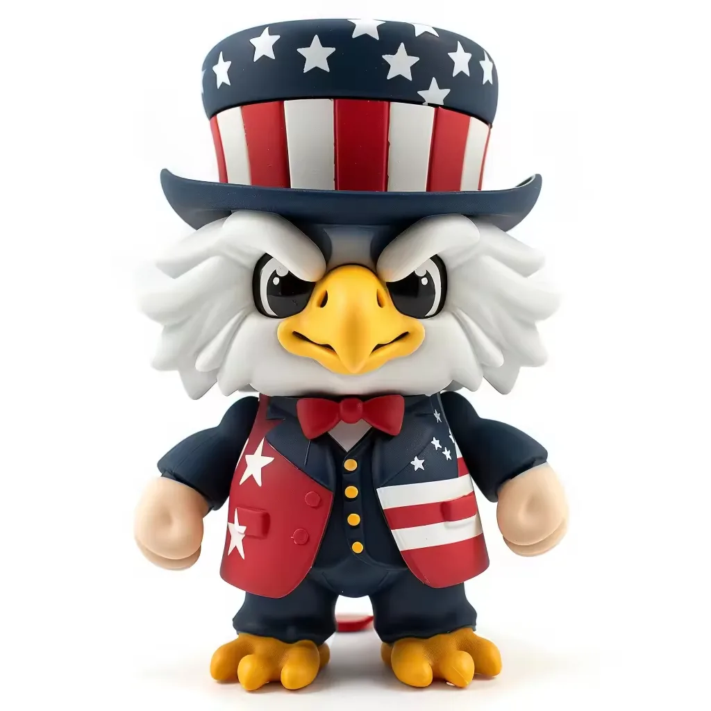 Designer toy de PVC de águila estilo Uncle Sam con sombrero estrellado, traje azul marino y patas amarillas de ave