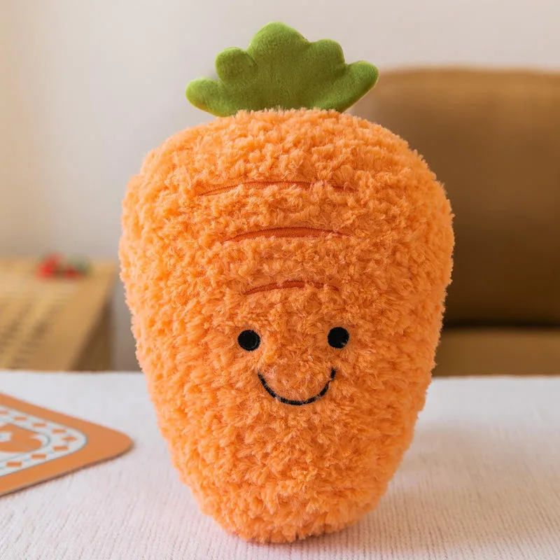 Cojín de peluche con forma de zanahoria, con relieves bordados y textura naranja muy esponjosa