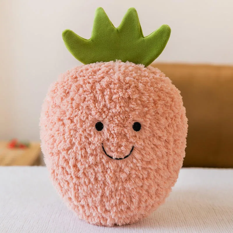 Cojín de peluche con forma de fresa, parte superior de hoja verde y cuerpo rosa suave y esponjoso