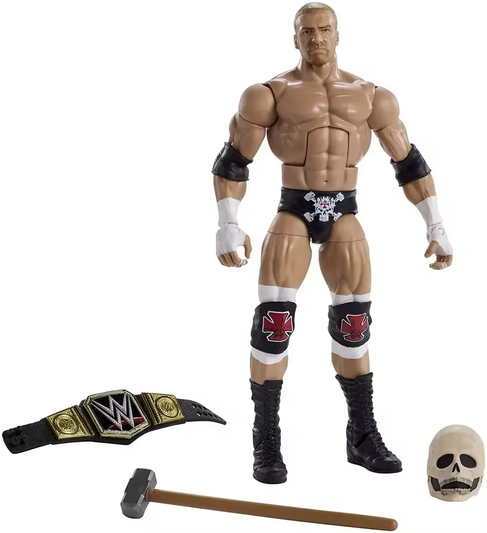 Front view of a muscular 7 inch wrestling-style action figure with championship-style belt, hammer accessory, and skull prop