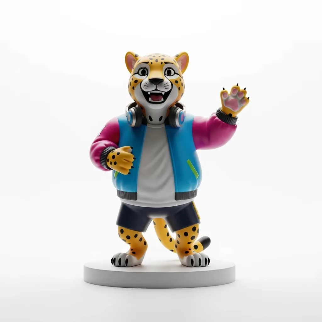 Figura PVC de guepardo DJ personalizada en colorway azul y rosa con auriculares y una garra levantada