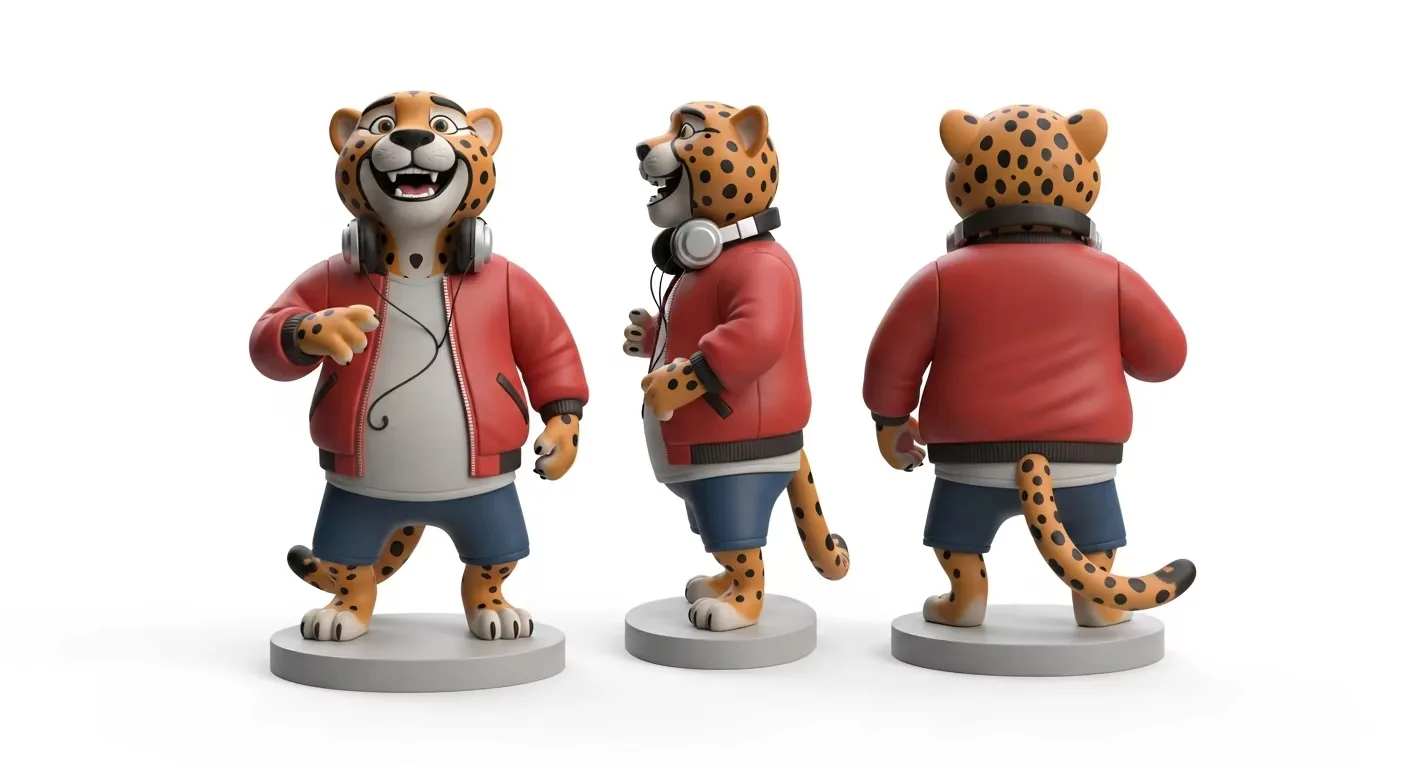 Vista de aprobacion multiangulo de la figura PVC de guepardo DJ que muestra detalle de esculpido frontal, lateral y trasero