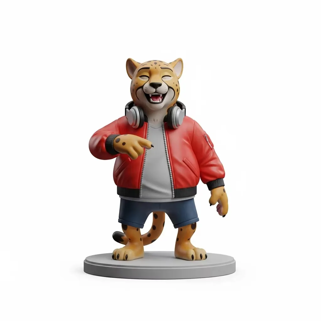 Custom DJ cheetah PVC figure desktop ornament with silver headphones, red bomber jacket, and cheerful mascot expression
