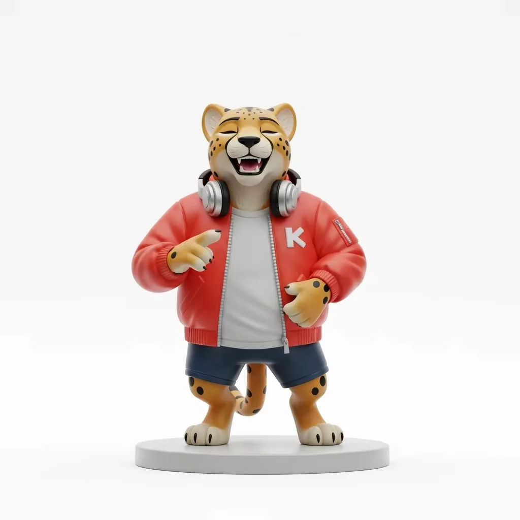 Figura PVC de guepardo DJ con chaqueta bomber roja con una letra K y auriculares alrededor del cuello