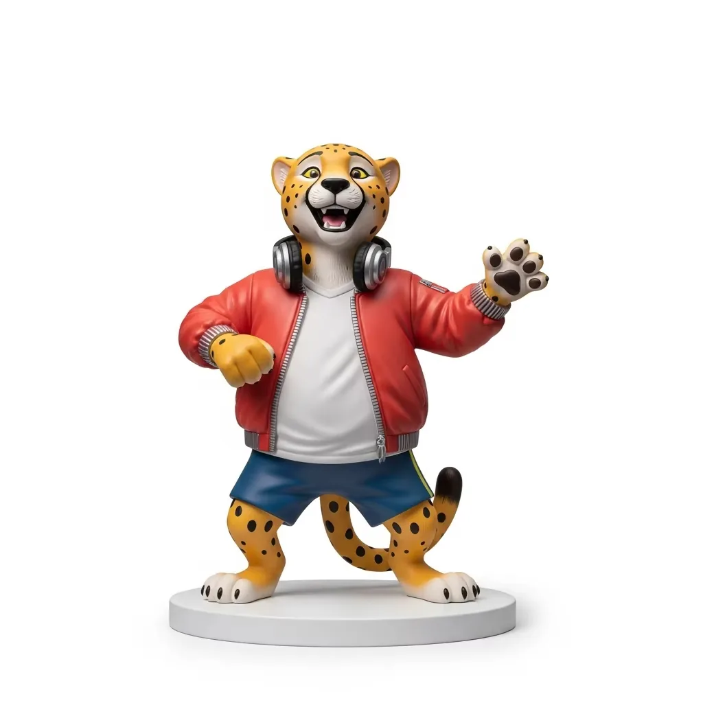 Figura mascota de guepardo DJ en PVC con una garra abierta levantada, chaqueta bomber roja y auriculares