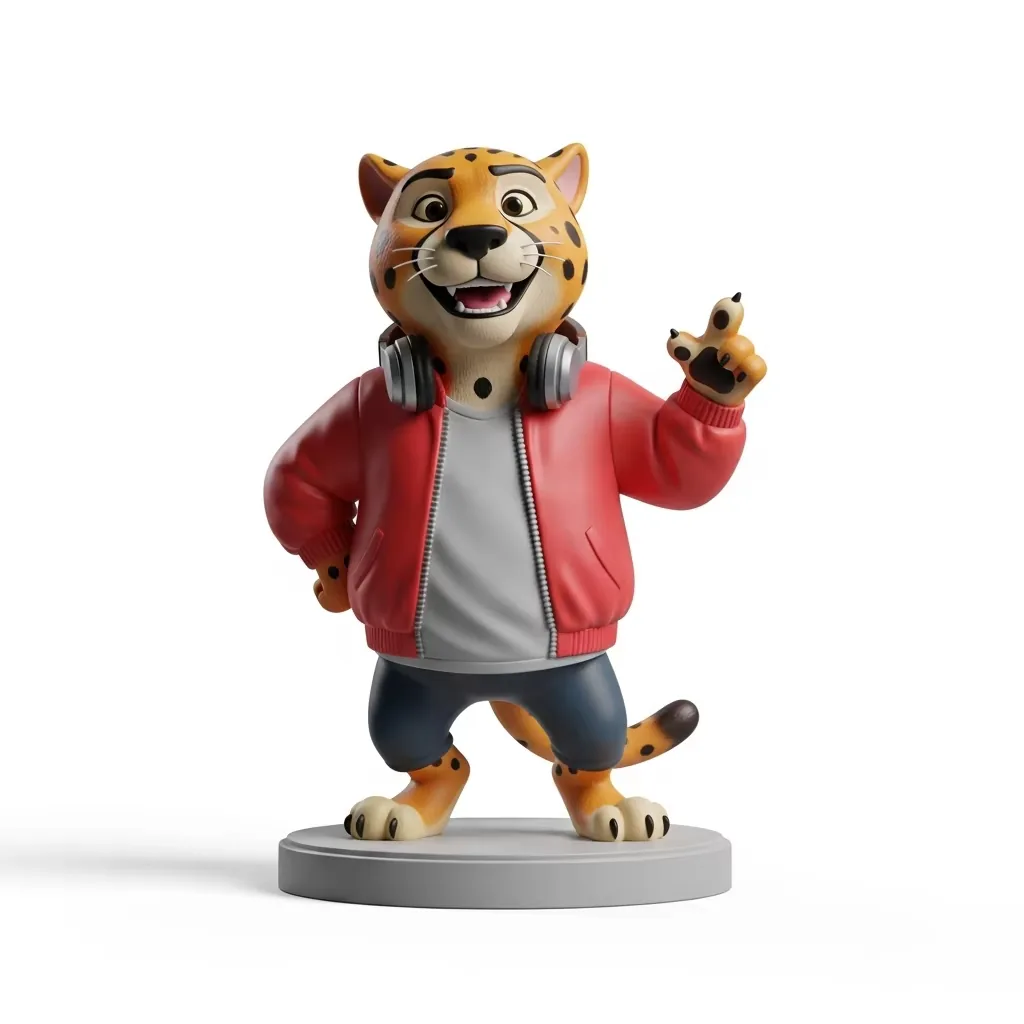 Figura mascota de guepardo PVC personalizada con chaqueta bomber roja apuntando hacia afuera y con auriculares alrededor del cuello