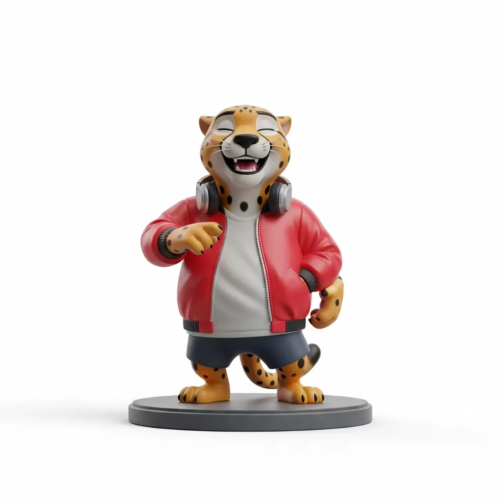 Figura mascota de guepardo DJ en PVC sonriendo con ojos cerrados y auriculares con una chaqueta bomber roja