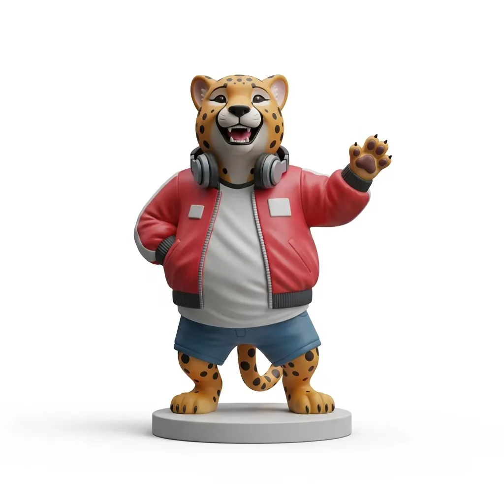 Figura PVC de guepardo DJ saludando con una garra mientras lleva auriculares y una chaqueta bomber roja