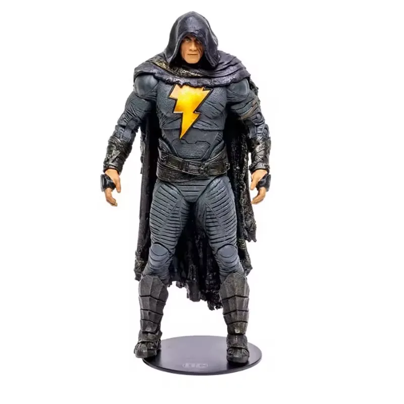 Front view of a hooded dark-armored PVC action figure with lightning chest emblem and round display base