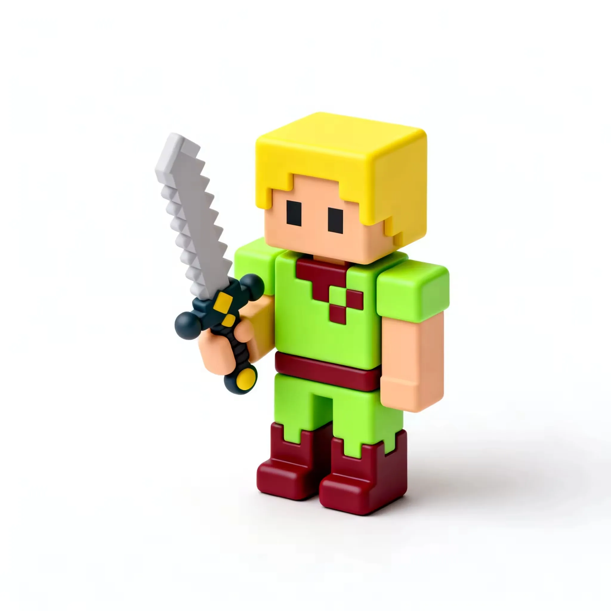 Figura PVC de guerrero pixelado cartoon con proporciones cubicas, formas de armadura simplificadas y una postura de personaje lista para exhibicion