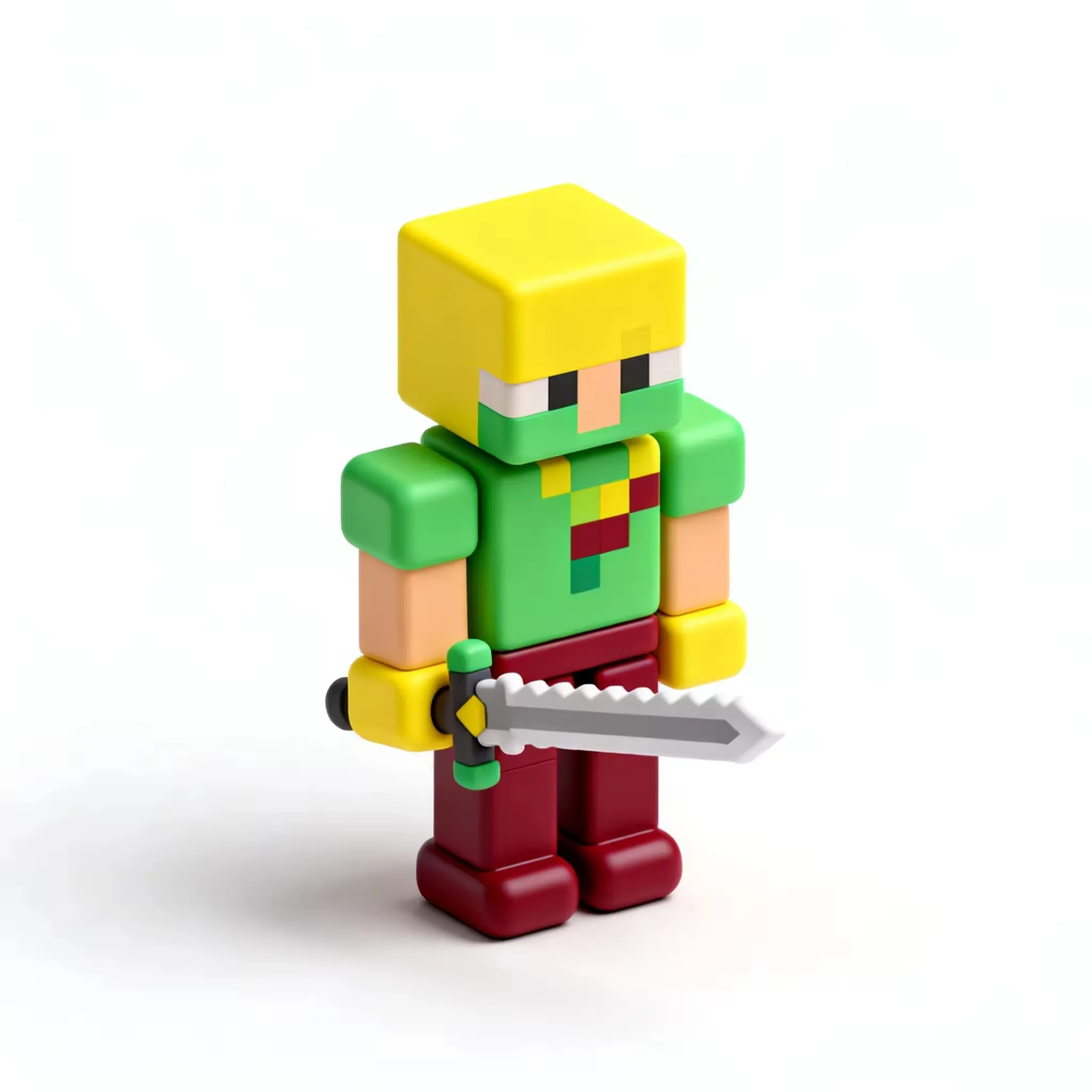 Figura PVC de guerrero de bloques pixelado usada para revisar packaging y planificar la aprobacion de una serie de personajes
