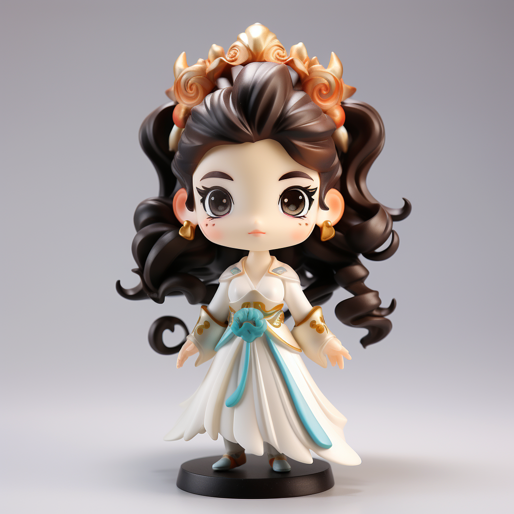 Render de figura chibi femenina en PVC/ABS con base de exhibicion, corona rosa dorada y acento azul claro en la cintura