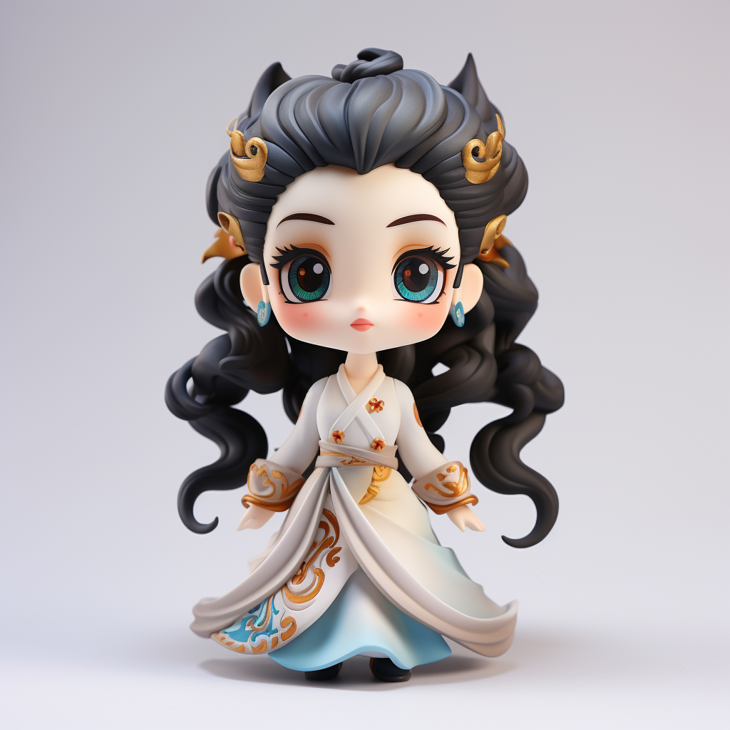 Render de figura chibi femenina en PVC/ABS con detalles dorados tipo cuerno en el cabello y tunica marfil con falda interior azul claro
