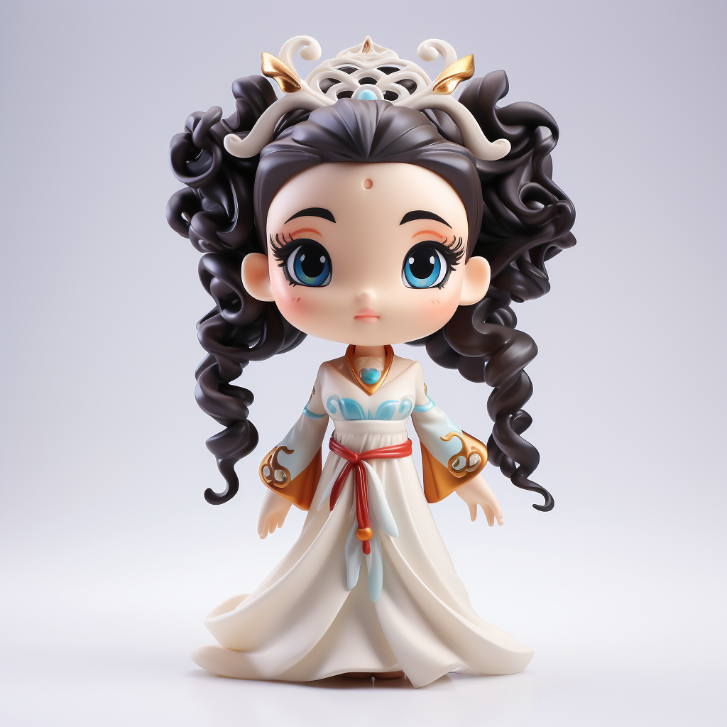 Render de figura chibi femenina en PVC/ABS con tocado de gema azul, cordon rojo en la cintura y cabello oscuro rizado