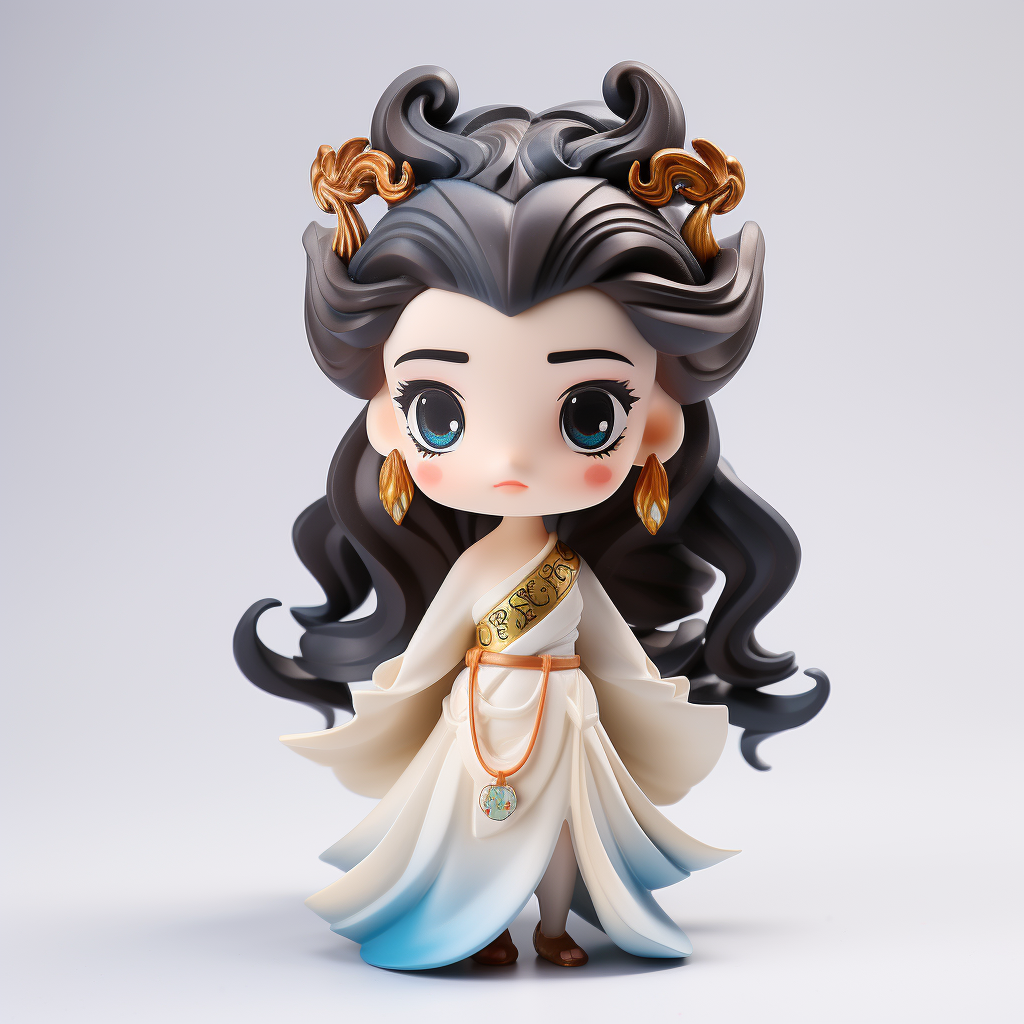 Render de figura chibi femenina en PVC/ABS con tunica de un hombro, pendientes dorados en forma de hoja y degradado azul en el bajo