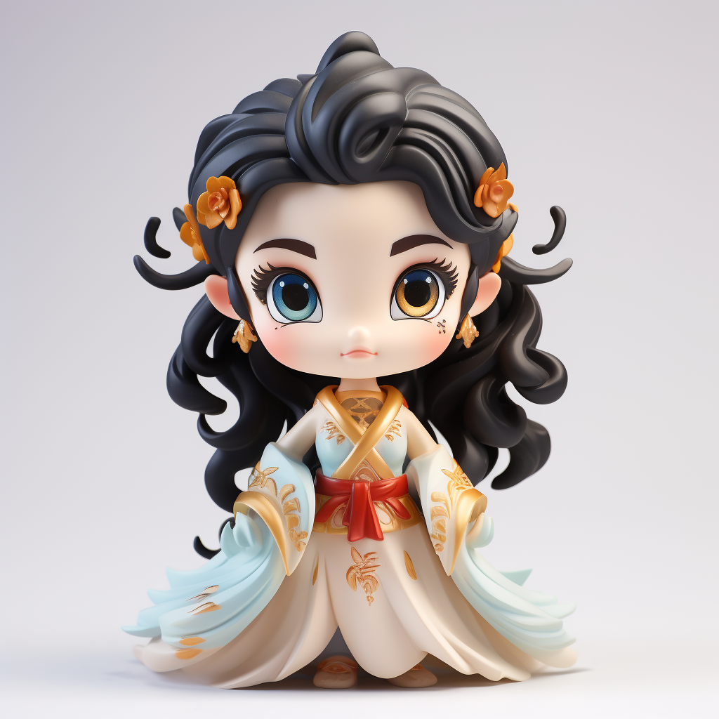 Render de figura chibi femenina en PVC/ABS con faja roja, paneles azul claro en las mangas y adornos florales en el cabello