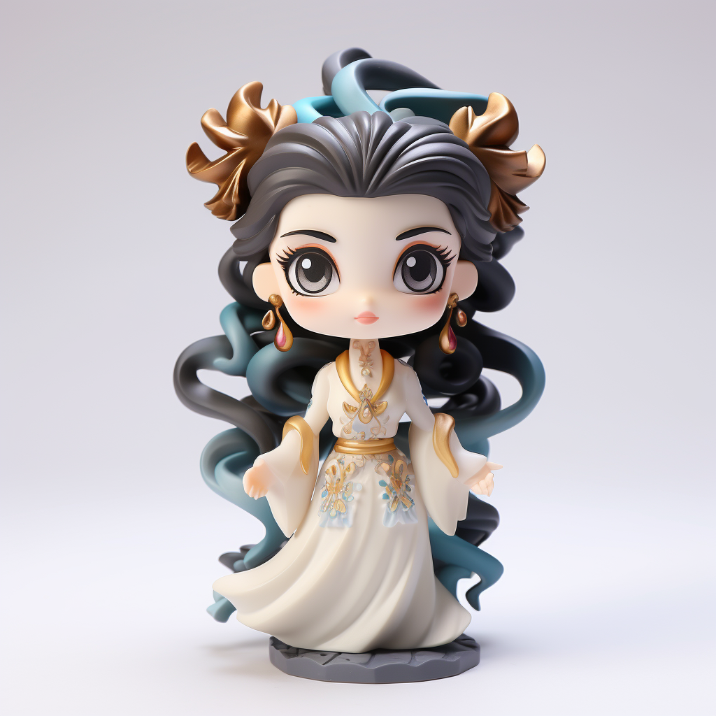 Render de figura chibi femenina en PVC/ABS con lazos turquesa en el cabello y adornos florales dorados