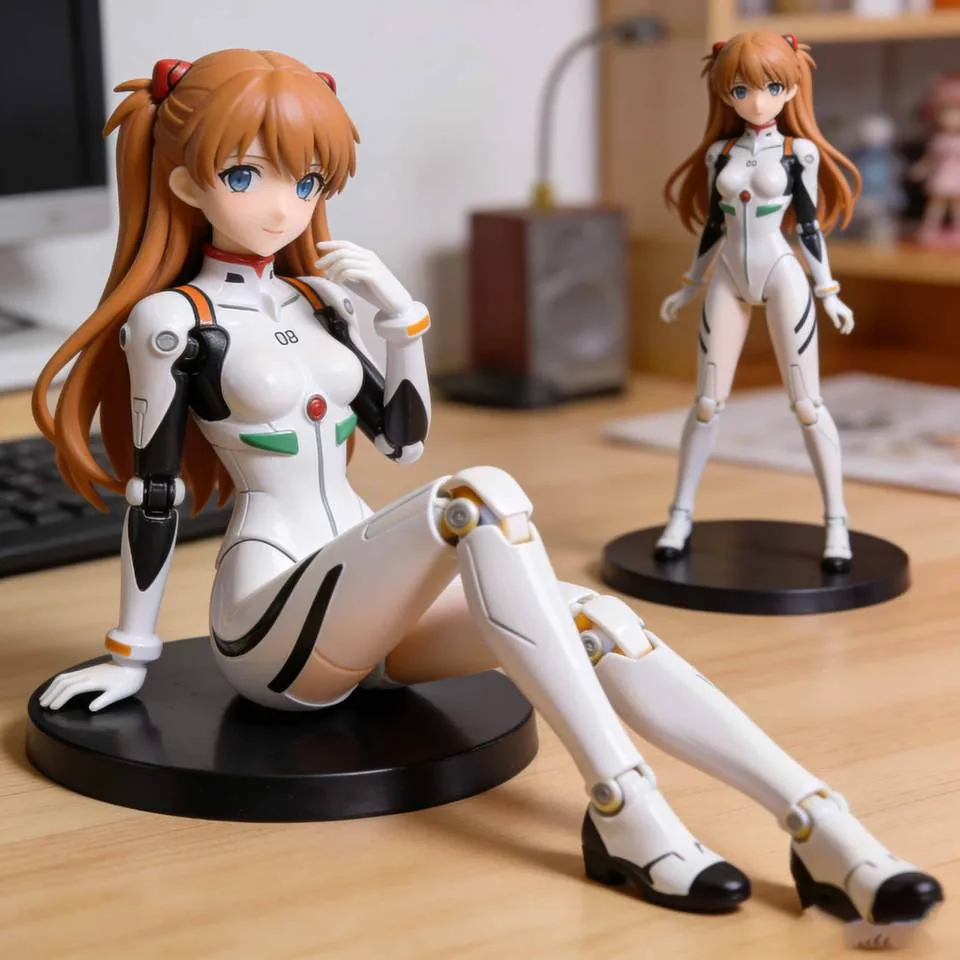 Figura articulada de PVC de heroína anime posada sentada con mono blanco y una muestra de pie detrás