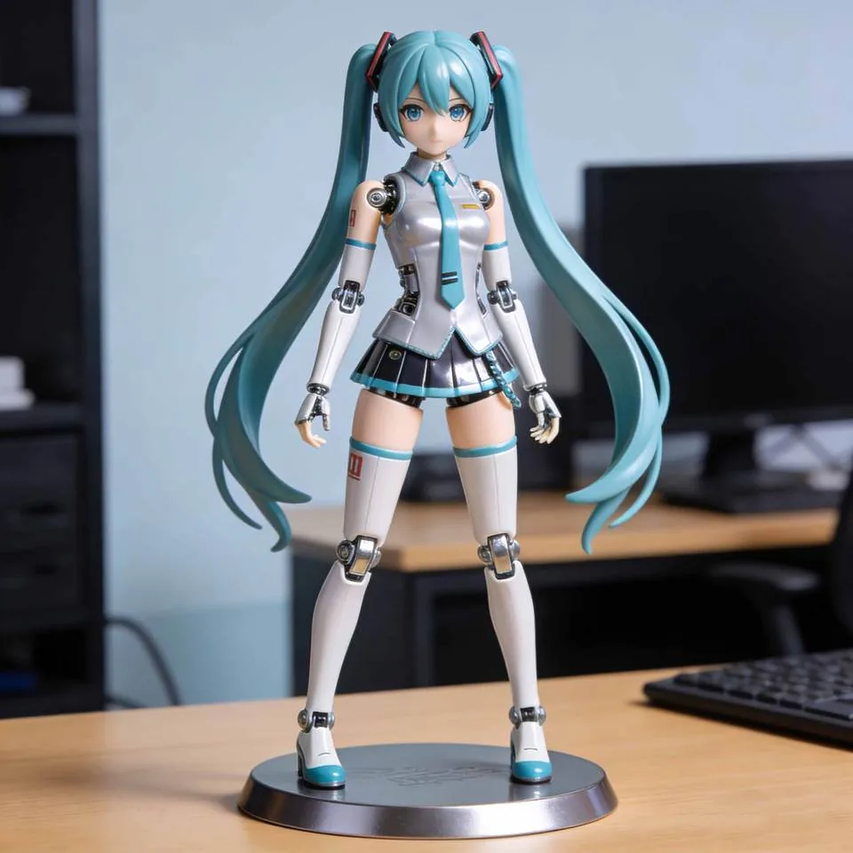 Muñeca articulada de PVC estilo idol anime con cabello largo en coletas dobles, atuendo con falda y estructura de juntas visible