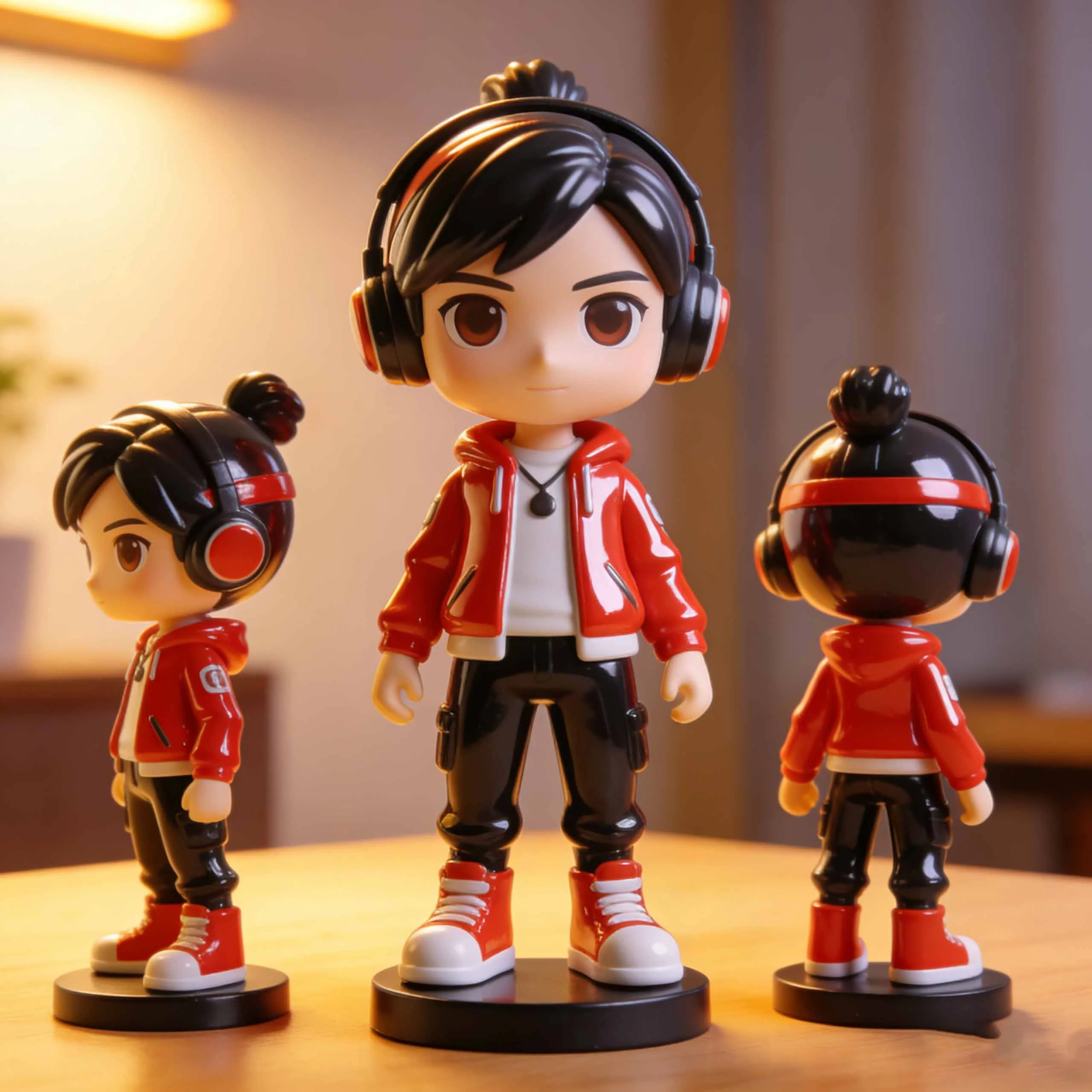 Figura cartoon de PVC en primer plano con chaqueta roja, pantalones negros y audífonos grandes diseñada para mercancía regalo