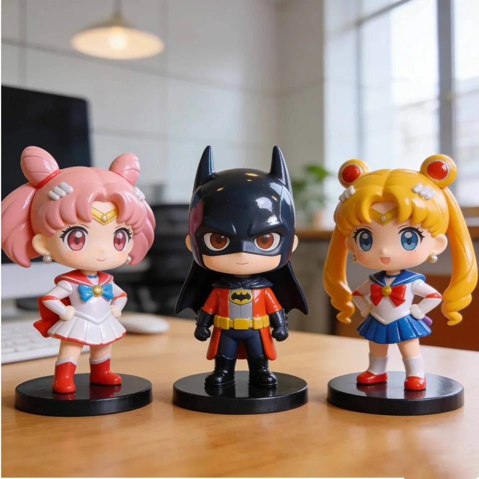 Set de figuras chibi blind box con personajes de superhéroe y magical girl sobre bases redondas de exhibición