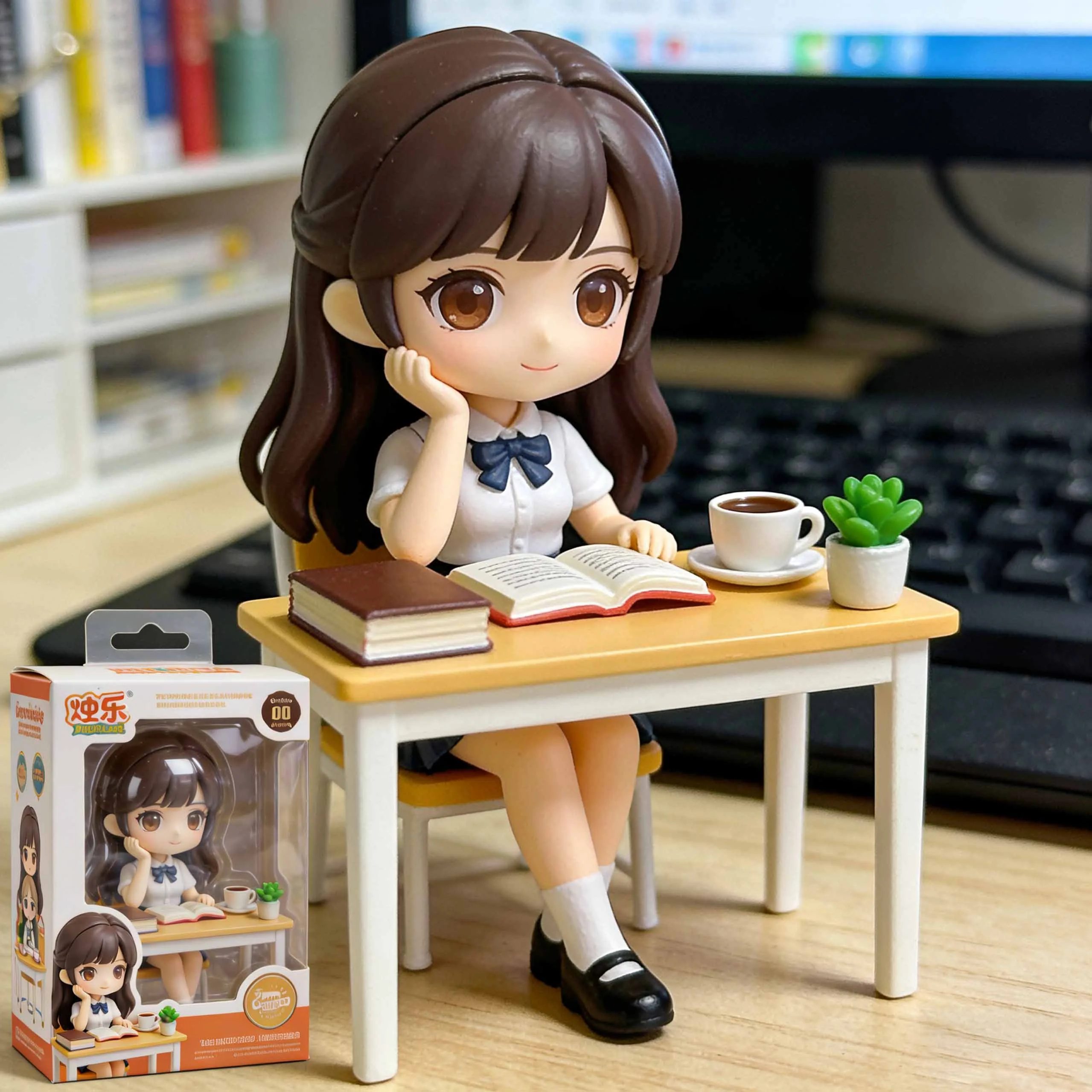 Figura de escritorio blind box de una escolar sentada con libro, vaso de café y accesorios miniatura de escritorio