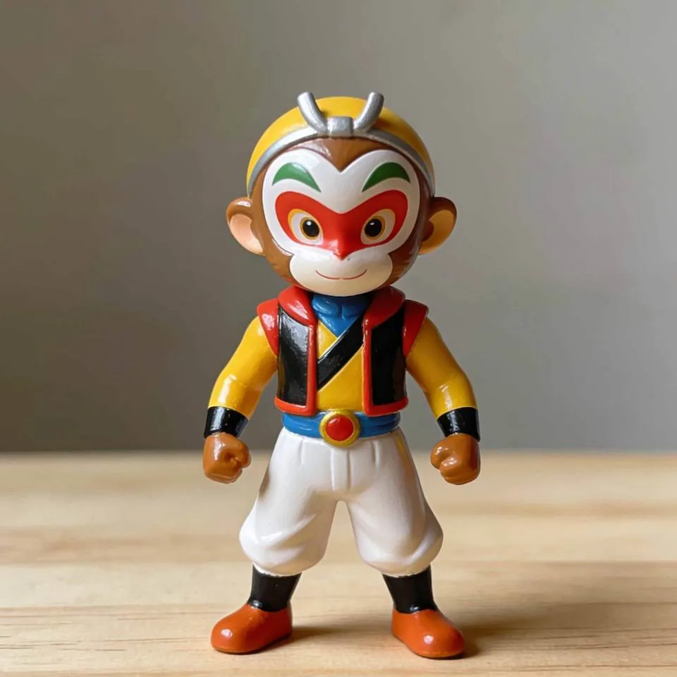 Figura de personaje mono héroe de vinilo suave con traje amarillo brillante y detalles de máscara roja
