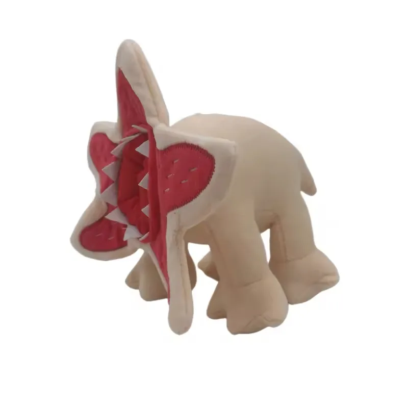 Peluche monstruo cuadrúpedo beige con cara roja abierta mostrado de perfil como un formato de criatura compacto