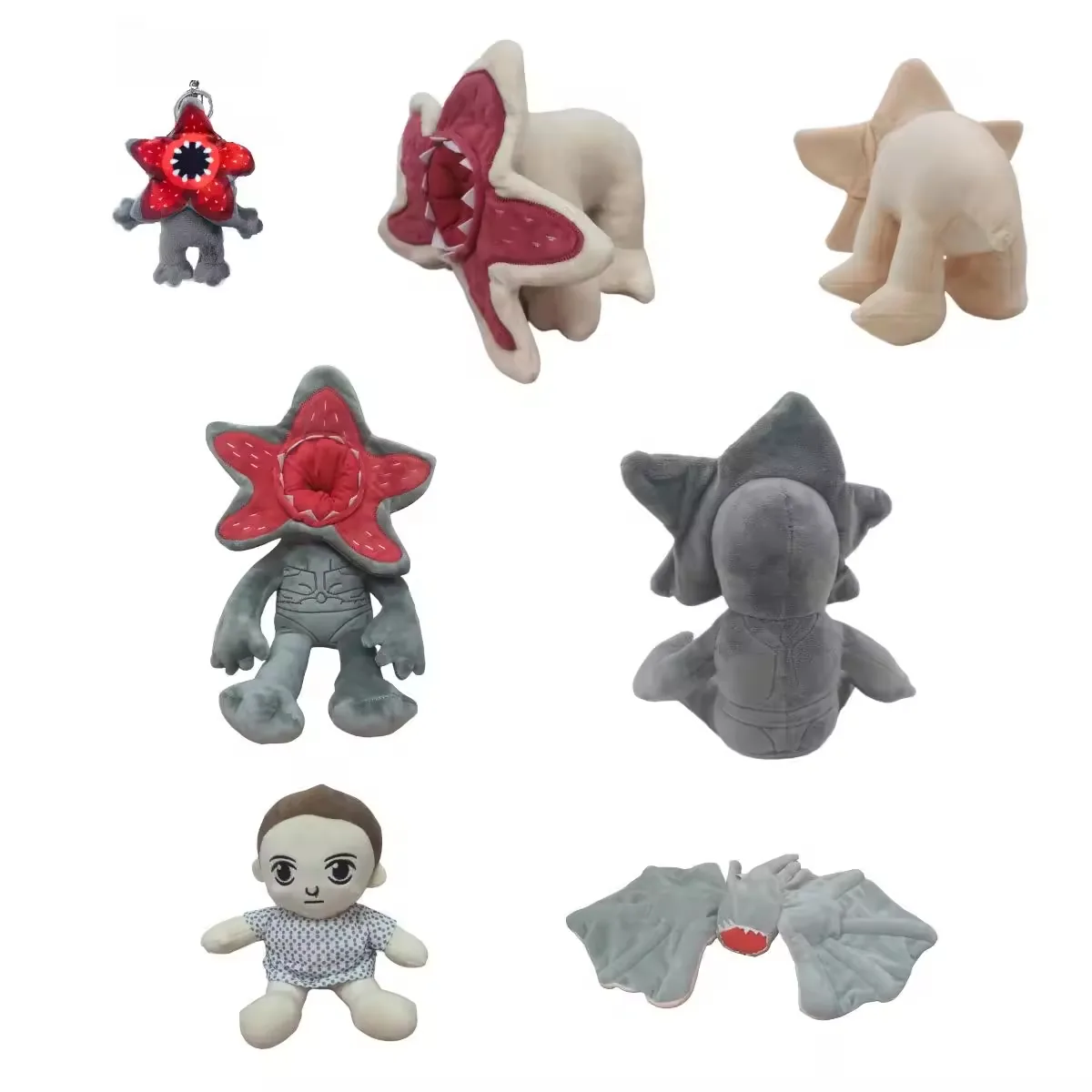 Collage del surtido de peluches Demogorgon que muestra el muñeco gris, el peluche cuadrúpedo beige, la versión llavero, el estilo mini figura y la variante con alas de murciélago