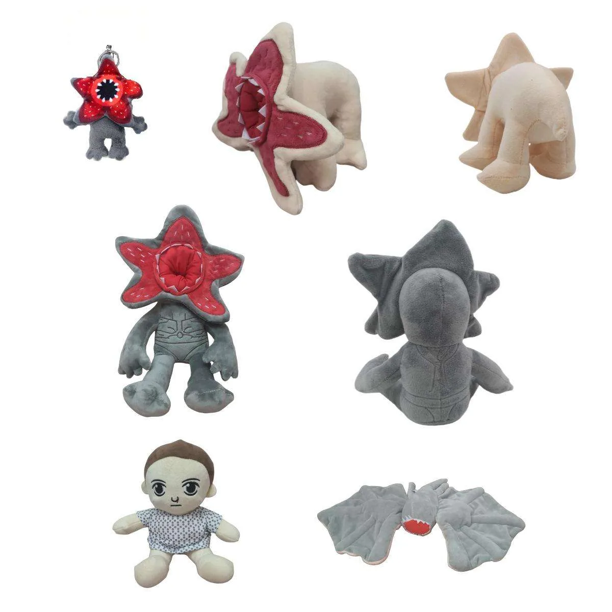 Collage de variantes de la gama de peluches Demogorgon que muestra llavero, peluche sentado, peluche de criatura cuadrúpedo, versión mini figura y forma con alas