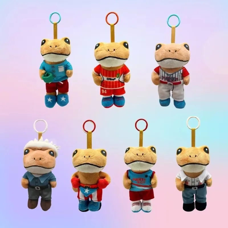 A lineup of frog plush keychains dressed in multiple sports and casual outfits with hanging loops