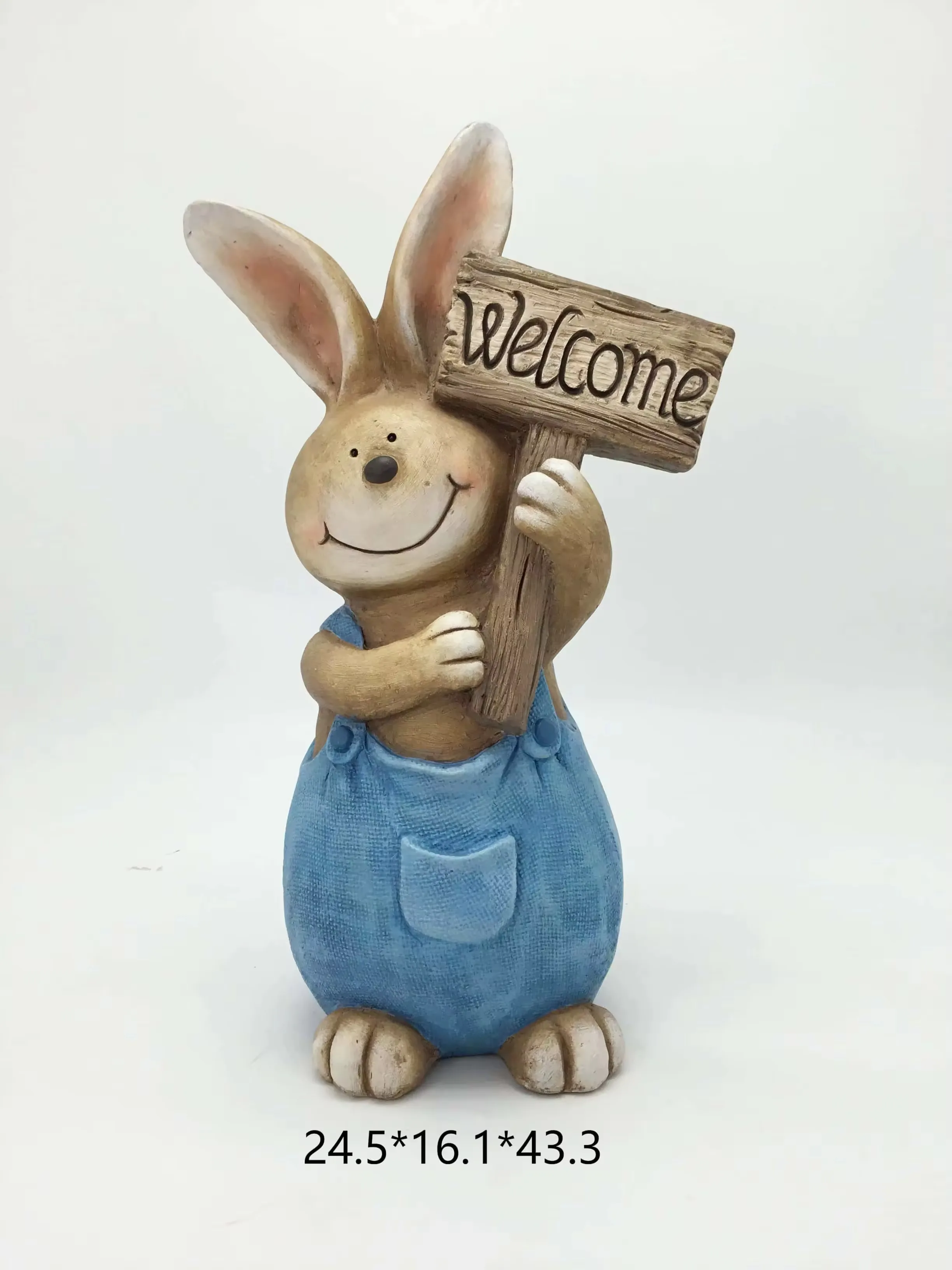 Hand-painted resin rabbit figurine holding a welcome sign for Easter garden decor and spring entry displays