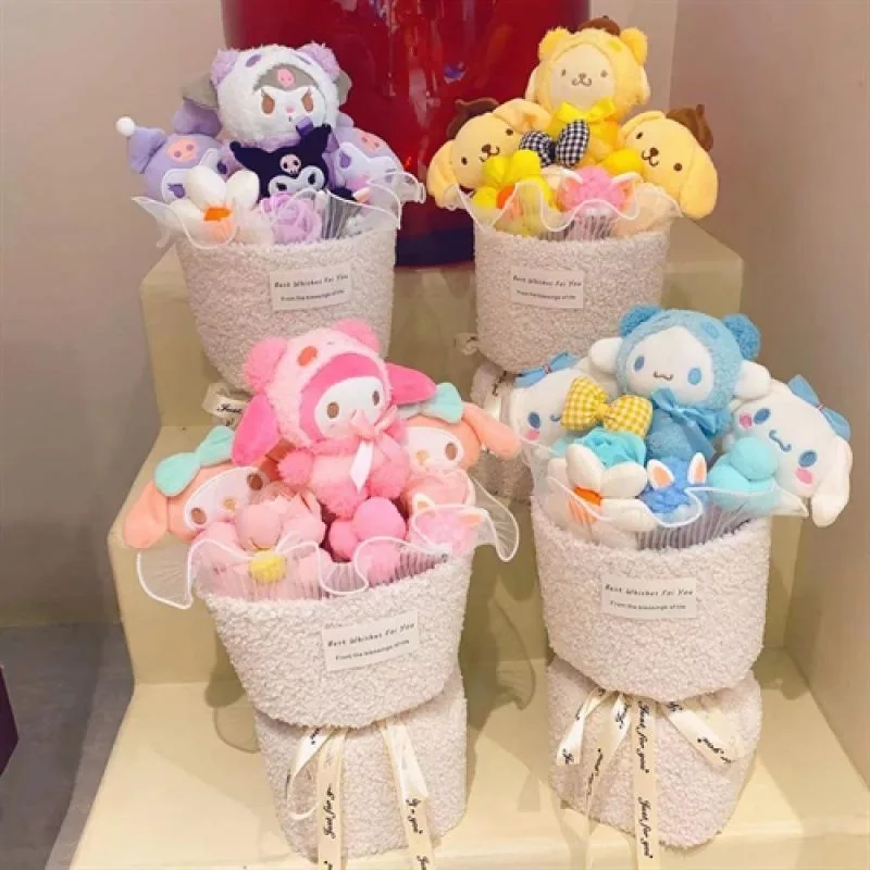 Kuromi, My Melody, Cinnamoroll, and Pompompurin plush bouquets displayed as a coordinated four-style collection