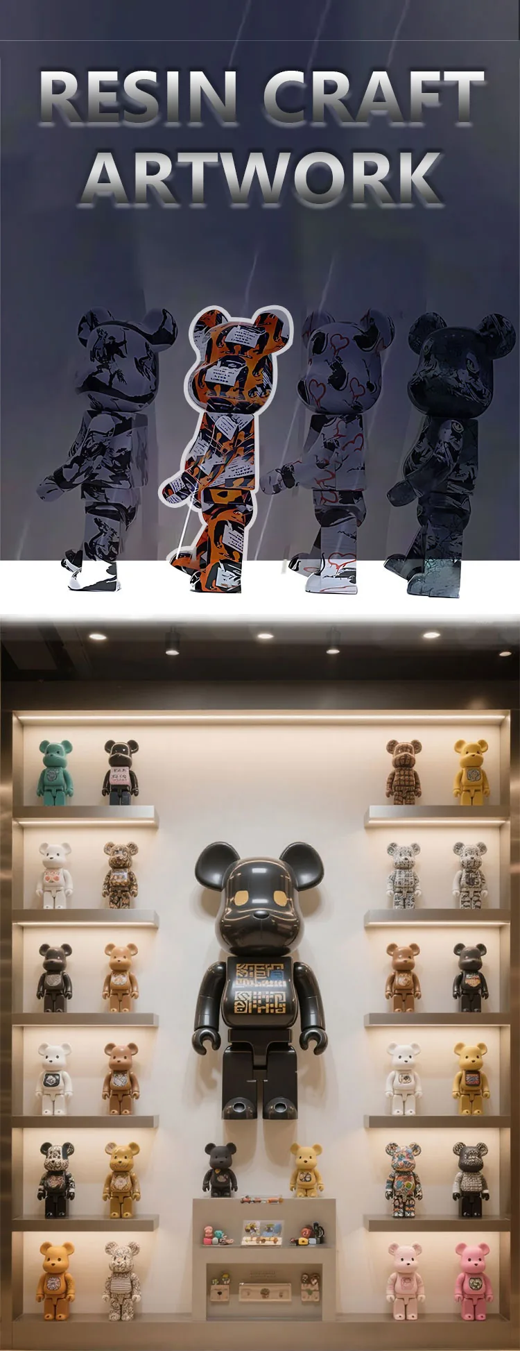 Pared de exhibicion con una escultura grande de resina estilo bearbrick en negro rodeada de figuras artisticas pequenas en varios acabados