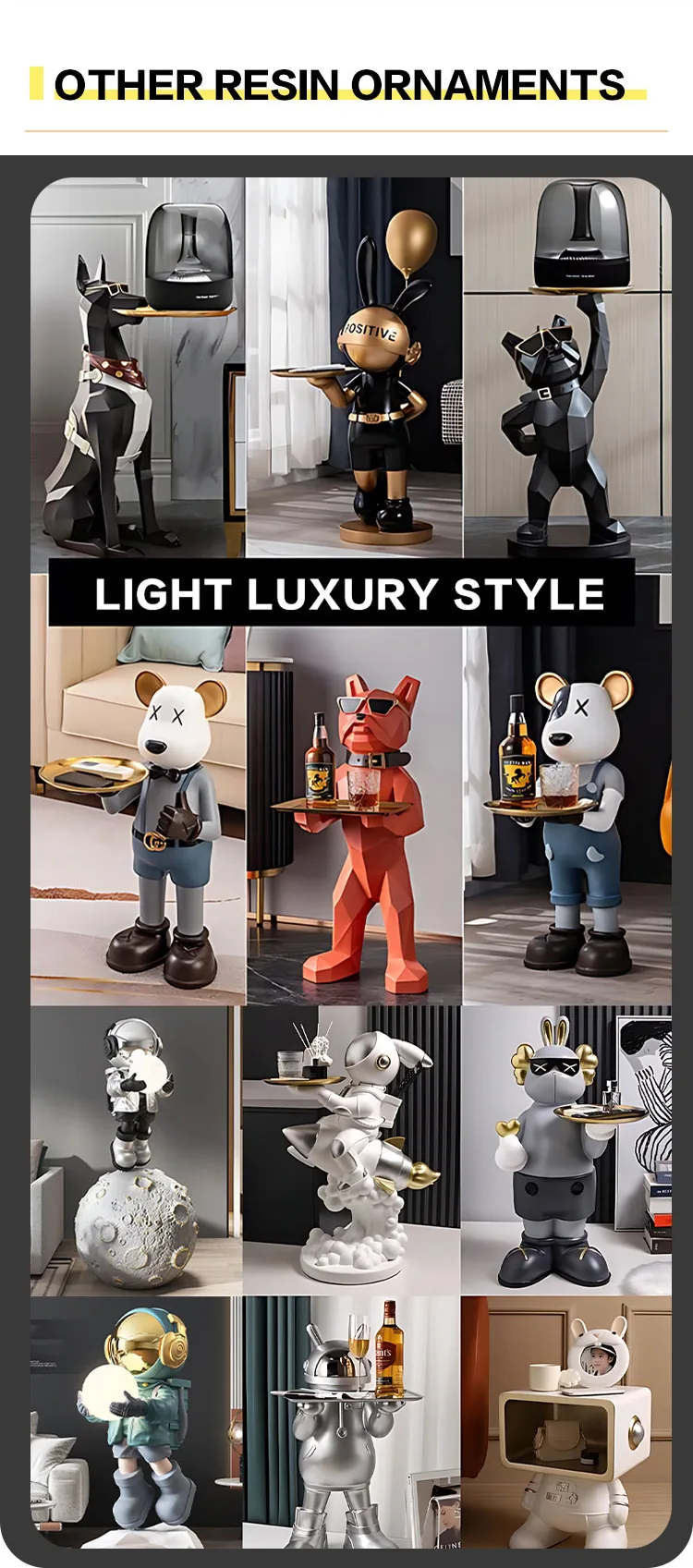 Collage de adornos geometricos de resina con bandeja, esculturas de astronauta, estatuas de perro y piezas decorativas estilo bearbrick en una paleta interior moderna
