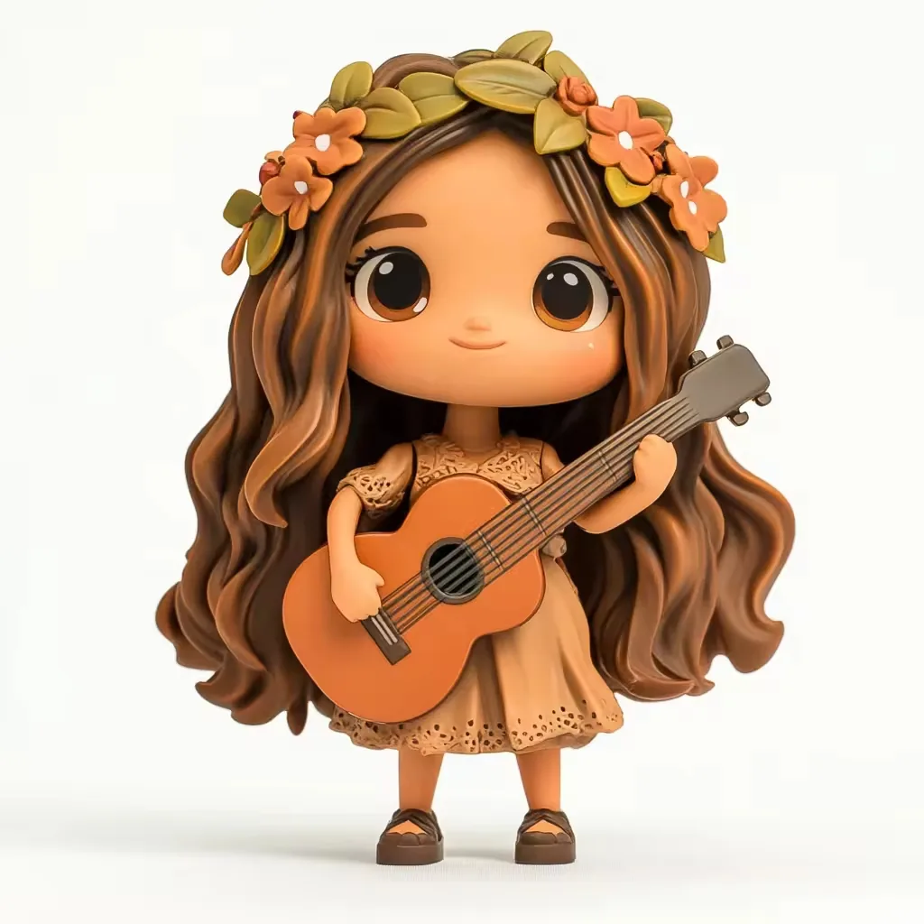 Mini figura anime de chica impresa en 3D con ojos marrones grandes, vestido beige, corona de hojas y guitarra acustica