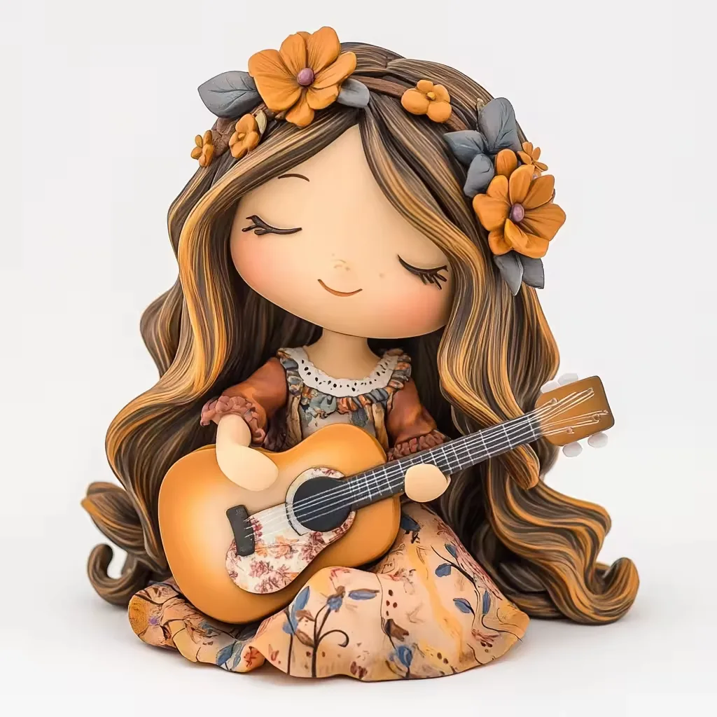 Mini figura anime de chica impresa en 3D sentada con corona floral naranja, vestido estampado y guitarra acustica