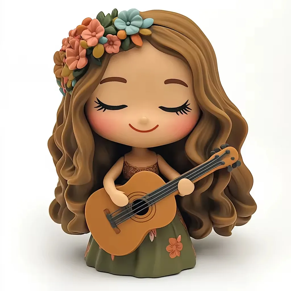 Mini figura de chica impresa en 3D con ojos cerrados, corona floral lateral y vestido oliva sosteniendo una guitarra acustica