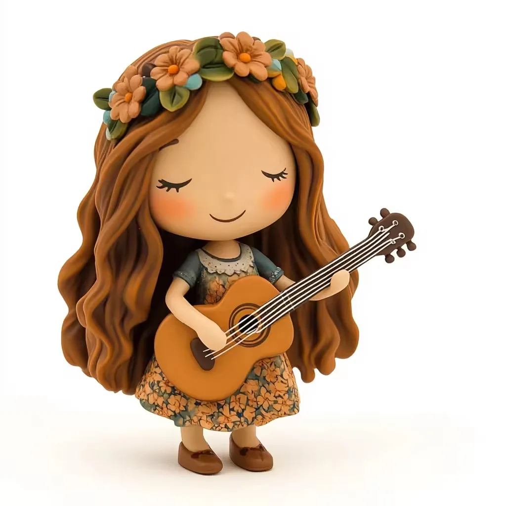 Mini figura anime de chica impresa en 3D de pie con corona floral naranja, vestido floreado y guitarra acustica