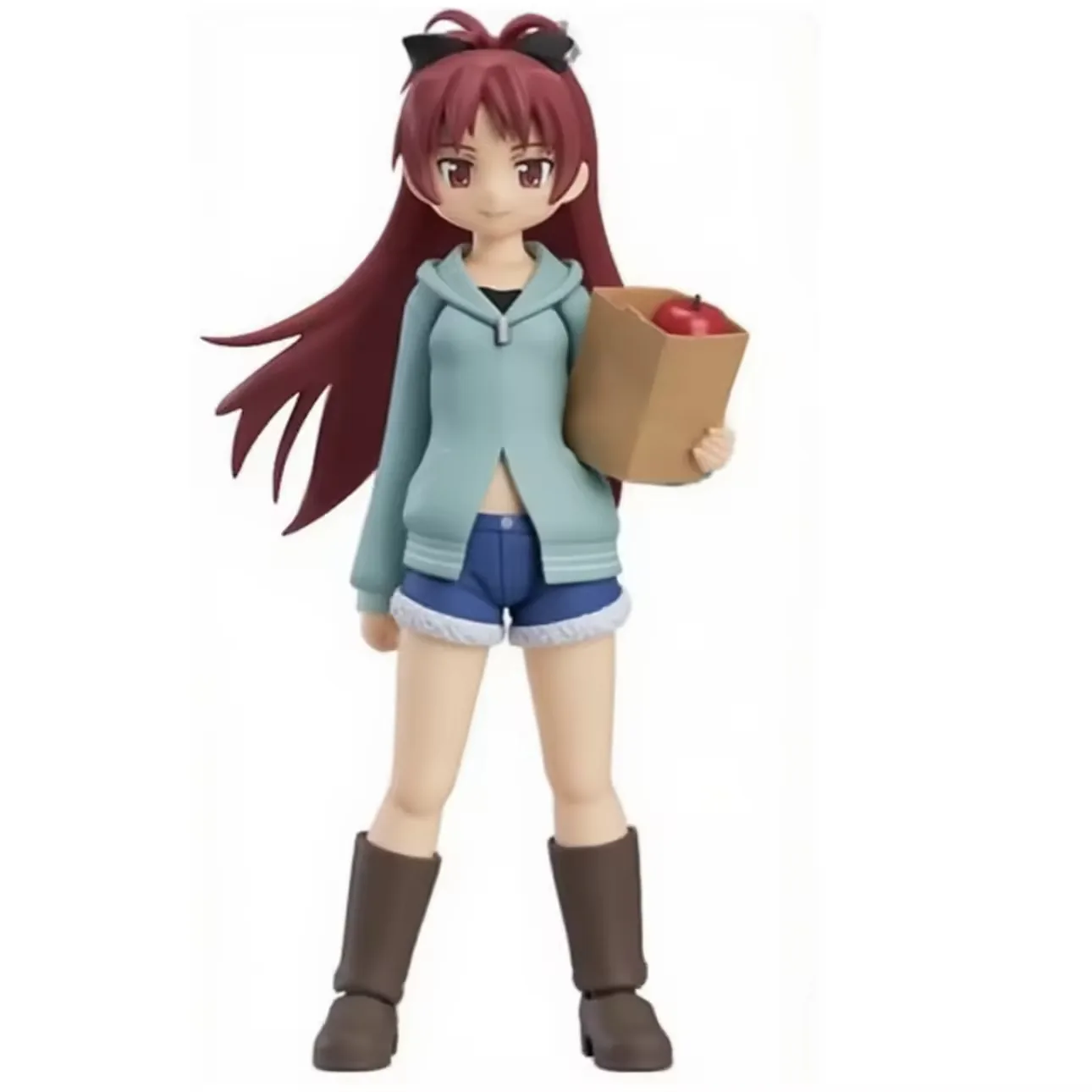 Figura PVC de chica anime con sudadera azul menta llevando una bolsa de papel con una manzana roja